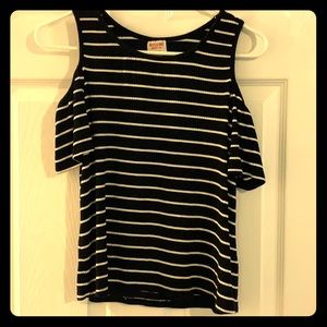 black and white striped open shoulder T